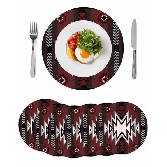 Red Black Round 15 Inch Placemats Set of 6, Southwest Geometric Aztec Farmhouse Tribal HeatResistant Non Slip Place Mats for Dining Table, Wipeable Braided Kitchen Table Mats for Housewarming