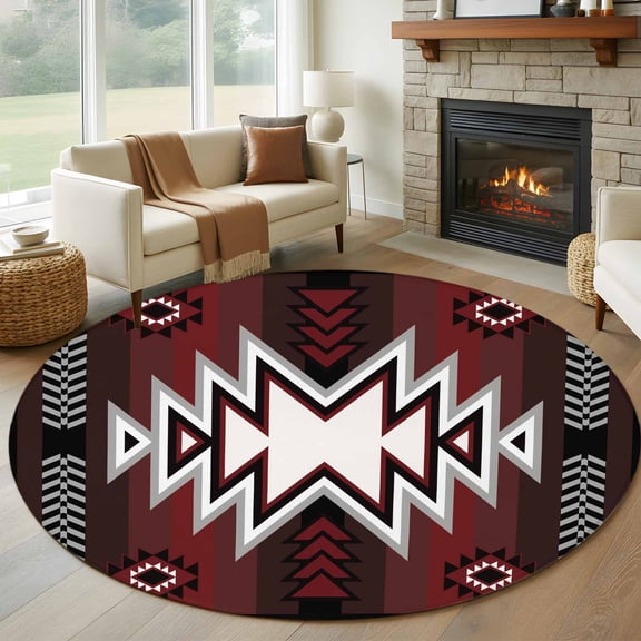Red Black Round Rug 5ft Washable Circle Kitchen Rugs Non Slip Southwest Geometric Aztec Farmhouse Tribal Large Area Rug Indoor Floor Carpet for Bedroom Living Room Home Office Dining Room Nursery