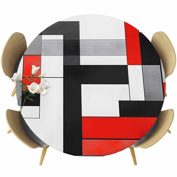 Red Black Round Tablecloth 45-54 Inch Round Fitted Table Cloth with Elastic Edge, Abstract Geometric Grey White Middle Century Waterproof Table Cover Protector for Outdoor Picnic Party Dining