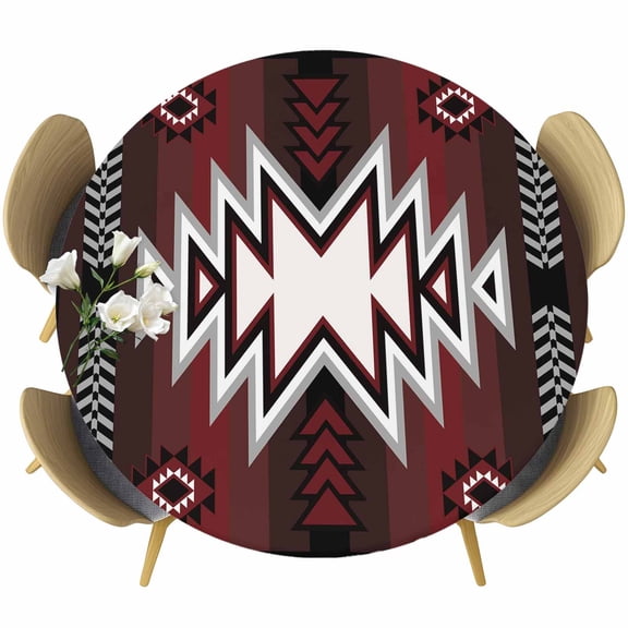 Red Black Round Tablecloth, Fitted Table Cover with Elastic for 36"-44" Round Tables, Southwest Geometric Aztec Farmhouse Tribal Table Cloth Outdoor Indoor Dinning Party Waterproof Tablecloths