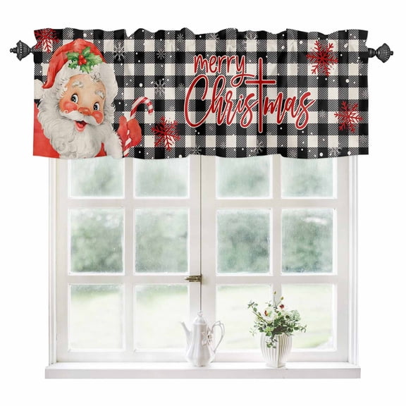 Red Black Santa Christmas Kitchen Valances for Windows 54x18 Inch Kitchen Curtains Valances Rod Pocket Plaid Xmas Snowflake Winter Farmhouse Bathroom Window Valances for Window Treatment Decor