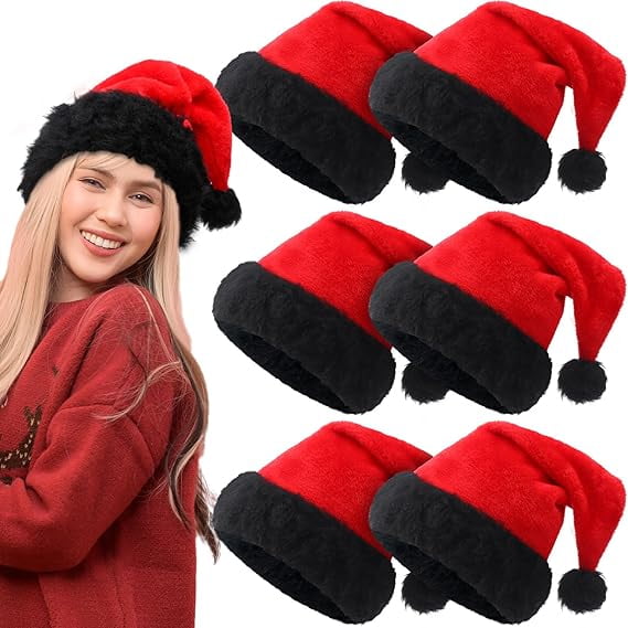 Red Black Santa Hat for Adults, Plush Santa Hats Velvet Christmas Hat for Home Decoration Party Supplies,6 Pcs
