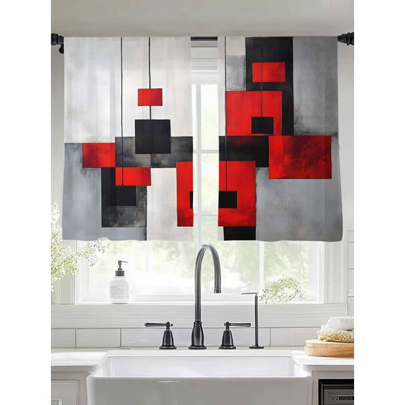 Red Black Sheer Curtains 45 Inches Long 2 Panels Color Block Stitching Light Filtering Semi Sheer Window Curtains Drapes for Bedroom Living Room 52"x45"