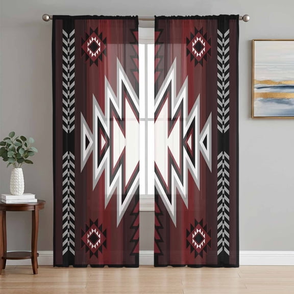Red Black Sheer Curtains 72 Inch Length 2 Panels Set, Southwest Geometric Aztec Farmhouse Tribal Voile Window Treatment Rod Pocket Curtains Sheers Drapes for Bedroom/Living Room/Kitchen 52"x72"x2