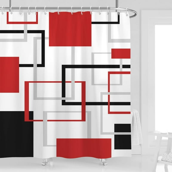 Red Black Shower Curtain 72''''W x 72''''L White Grey Gray Geometric Cross Checkered Modern Geometry Minimalist Neutral Men Simple Design Polyester Waterproof 12 Pack Plastic Hooks
