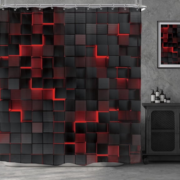 Red Black Shower Curtain 72Wx72H Inch Brick Modern 3D Gradient Design Futuristic Geometric Plaid Cubes Man Boys Cool Bathroom Decor Fabric Polyester Waterproof 12 Pack Hooks