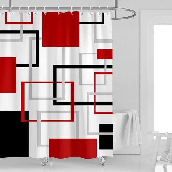 Red Black Shower Curtain Abstract White Grey Gray Geometric Cross Checkered Modern Geometry Minimalist Neutral Design Polyester Waterproof 12 Pack Plastic Hooks 60"W x 72"L (Pack of 1)