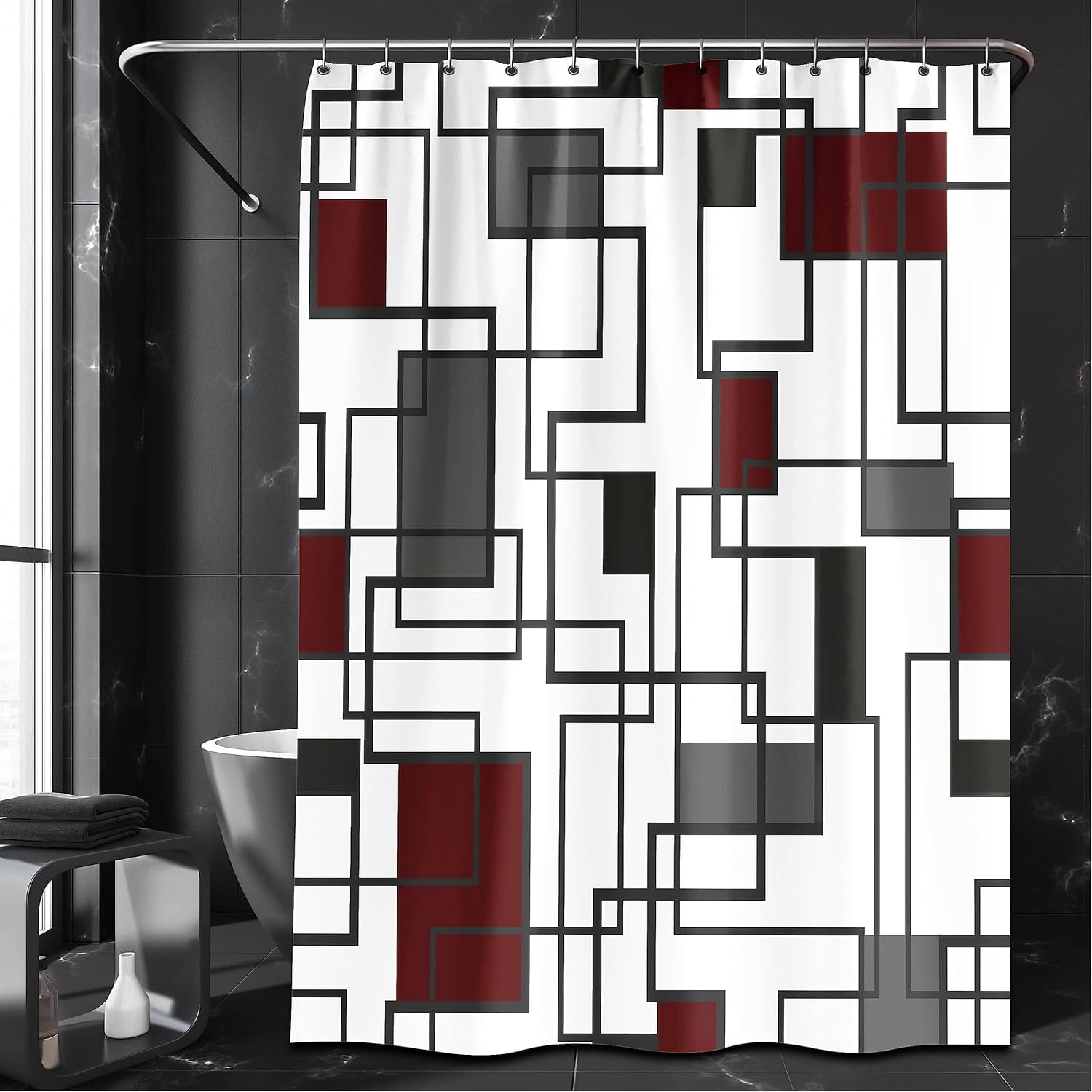 Red and Black Shower Curtain Modern Geometric Abstract Shower Curtain