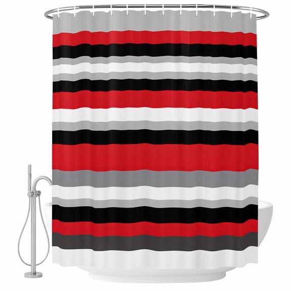 Red Black Shower Curtain Set with Hooks, Grey Stripes Abstract Modern Geometric Striped Water Repellent Shower Curtains for Bathroom Decor Sturdy Shower Curtain, Machine Washable 48x72 Inch