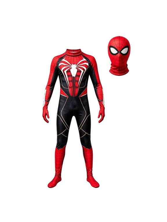 Red & Black Spider Superhero Dramatic Stage Bodysuit, Full Body Zentai Jumpsuit with Mask for Halloween for Adults & Boys
