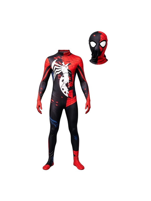 Red Black Split Web Pattern Zentai Suit for Kids, Full Body Spandex Jumpsuit with Matching Hood, Halloween Theme Role Play Costume