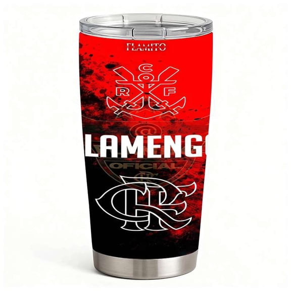 Red Black Sports Logo Water Cup with Lid, Stainless Steel Insulated Soccer Fan Style Tumbler