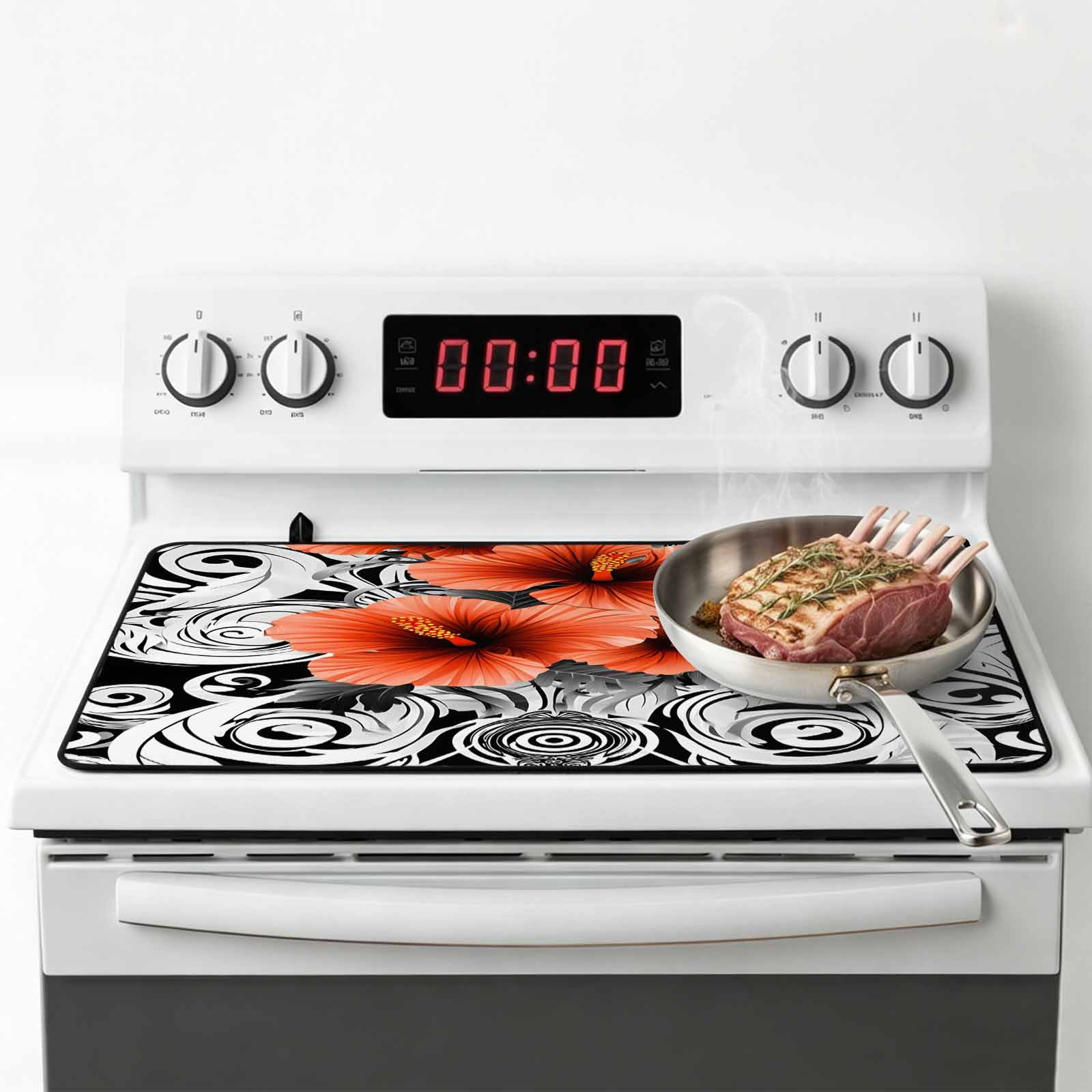 Red Black Spring Floral Stove Top Cover for Electric Stove, Heat-proof & Non Slip Glass Top Stove Cover Protector, Summer Botanical Geometric Kitchen Flat Cooktop Rubber Mat 24x21 Inches