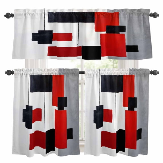 Red And Black Square Kitchen Curtains Valances and Tiers Set of 3 Geometric Classic Tier Curtains and Valance with Rod Pocket for Small Windows, 27.5"x36"