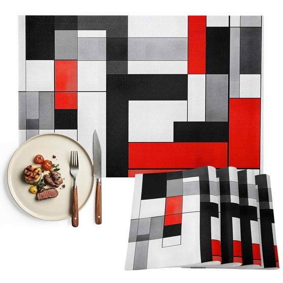 Red Black Squares Placemats Set of 4, Abstract Geometric Art Table Mats Washable Heat-Resistant Non-Slip Place Mats for Kitchen Dinner Table Indoor Outdoor Decor,13x19 Inch
