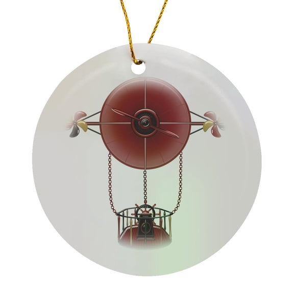 3drose, Red, Black Steampunk Flying Machine with Gold Accents, Circle Porcelain Ornament