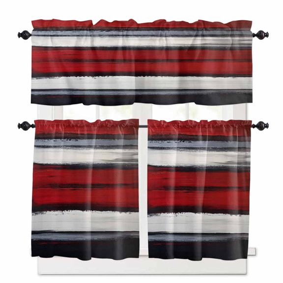 Red And Black Strip Kitchen Curtains and Valances Set, Classic Modern Art Abstract Rod Pocket Window Valance 18 Inch Window Curtain Panels for Living Room Bedroom Laundry, 27.5x36in, 3 Pieces