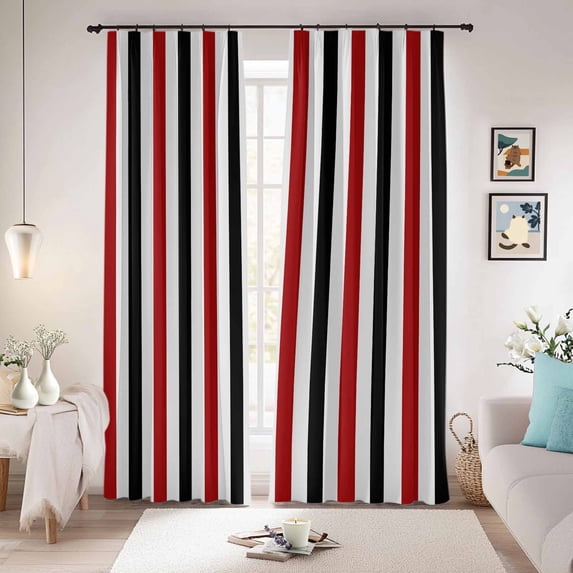Red Black Stripe Blackout Curtains for Bedroom/Living Room, Pinch Pleated Black Out Curtains, Geometric White Vertical Striped Room Darkening Window Drapes with Hooks 2 Panels, 59"x70"
