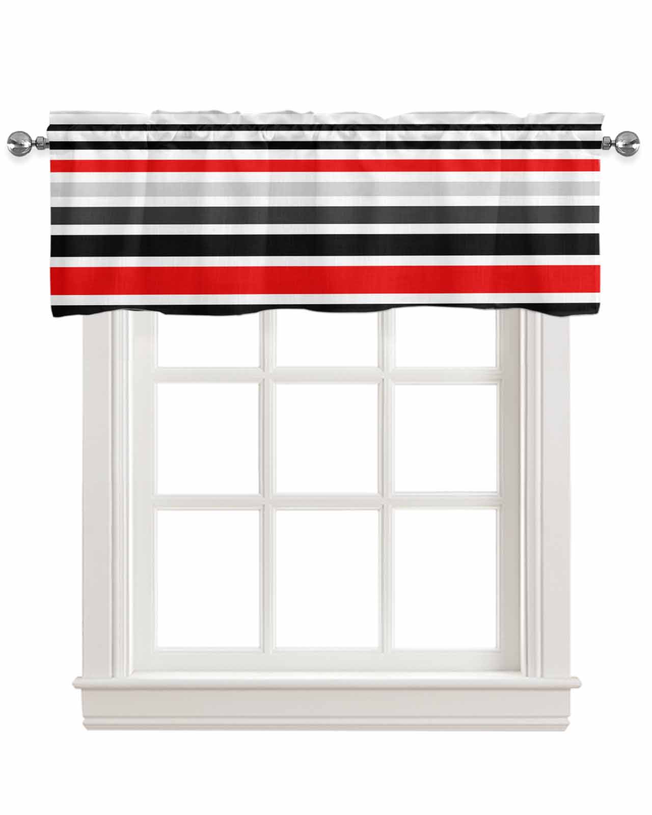 Red Black Stripe Kitchen Valances for Windows Farmhouse Linen Window Valance Curtain for Living Room Window Treatment Modern Abstract Coarse Striped Valance Rod Pocket Topper Drape, 42 x 18 Inch