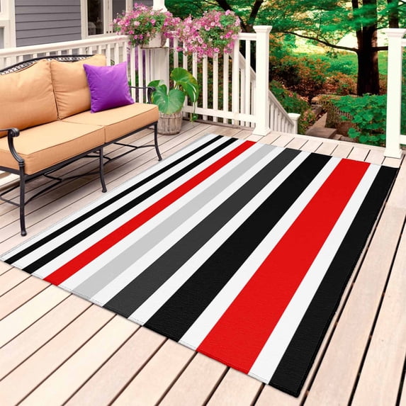 Red Black Stripe Outdoor Rug 5x8 Ft, Non Slip Washable Area Rug, Modern Abstract Coarse Striped Patio Rugs Carpet Runner, Large Floor Mat for Indoor/Outdoor Deck Porch Camping
