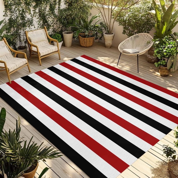 Red Black Stripe Outdoor Rug 6x9 Ft - Reversible Patio Rug Outdoor Camping Rugs, Farmhouse Watercolor Modern Geometric Washable Indoor Outdoor Area Rugs, Non-Slip Outdoor Carpet Runner for Deck/Porch