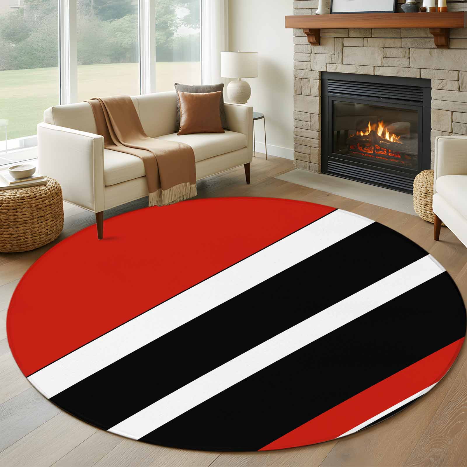 Red Black Stripe Round Area Rug 5ft, Geometric Simple Color Line