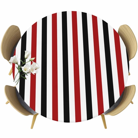Red Black Stripe Round Tablecloth, Fitted Table Cover with Elastic for 55"-60" Round Tables, Geometric White Vertical Striped Table Cloth Outdoor Indoor Dinning Party Waterproof Tablecloths
