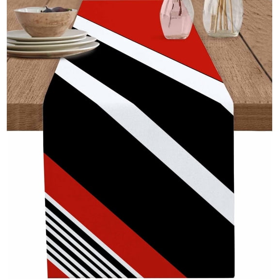 Red Black Stripe Table Runner, Washable Cotton Linen Table Runners 48 Inches Long, Geometric Simple Color Line Dresser Scarf Runner for Nightstand/Coffee/End Tables 13''''x48''''