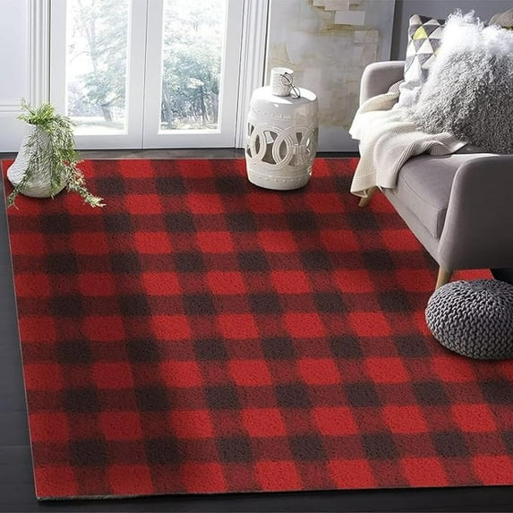 Red And Black Striped Plaid Area Rug, Vintage Christmas Buffalo Plaid Indoor Non-Slip Kids Rugs, Washable Breathable Durable Carpet For Living Room Bedroom Dining Room Office 2x3ft