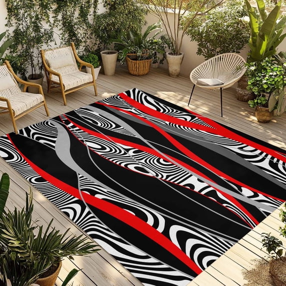 Red Black Stripes Outdoor Rug for Patio/Deck/Porch, Non-Slip Large Area Rug 4 x 6 Ft, Modern Gradient Abstract Lines Art Indoor Outdoor Rugs Washable Area Rugs, Reversible Camping Rug Carpet Runner
