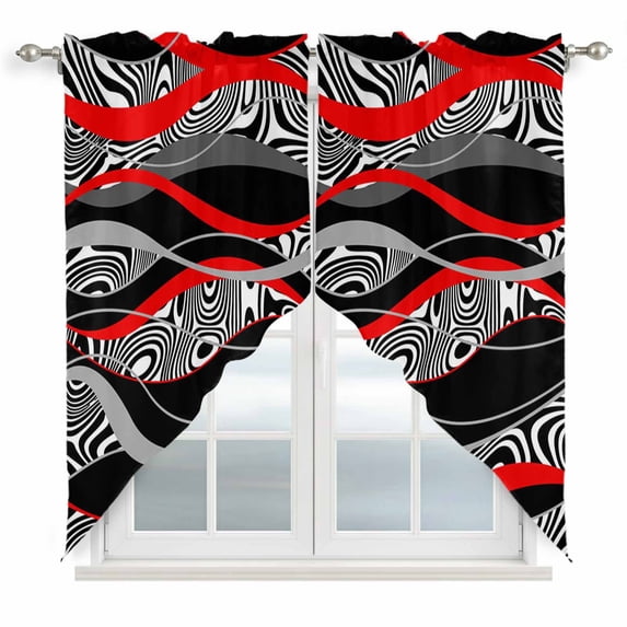 Red Black Stripes Swag Valances for Windows, Kitchen Window Curtains Over Sink, Modern Gradient Abstract Lines Art Window Treatment Curtains for Living Room/Bedroom Curtains 2 Panel Sets 36"x45"
