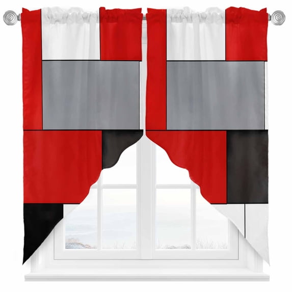 Red Black Swag Curtain Valance for Windows, Gray Color Blocks Patchwork Modern Abstract Art Window Treatments Short Swag Topper for Kitchen Windows Bathroom Bedroom, 36"x63"