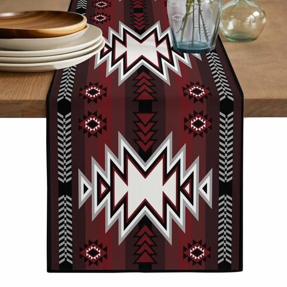 Red Black Table Runner, Southwest Geometric Aztec Farmhouse Tribal Washable Cotton Linen Table Runners 36 Inches Long, Dresser Scarf Runner for Nightstand/End Tables/Round Tables 13''x36''