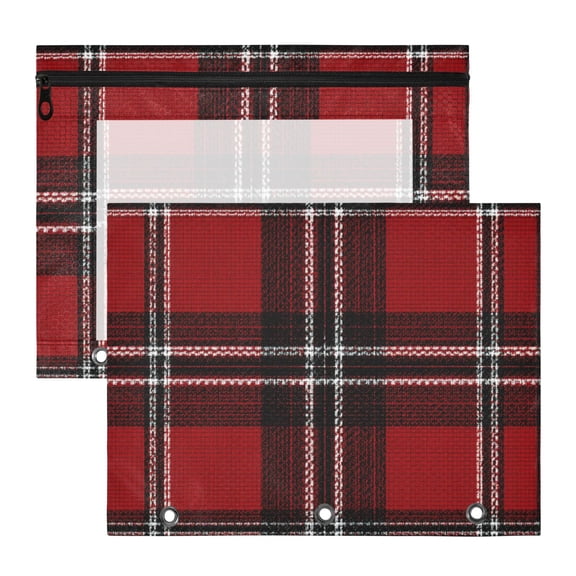 Red Black Tartan Plaids Fabric Texture 3-Ring Binder Pouches A4 Size Zipper Pocket File Storage 2 Packs