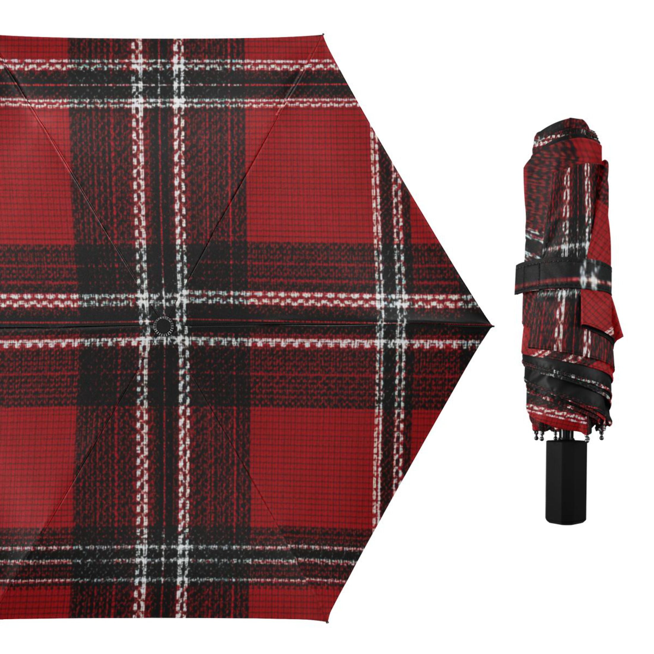 Red Black Tartan Plaids Fabric Texture All Weather Umbrella Triple Folding Parasol 6 Ribs UV Protection Portable