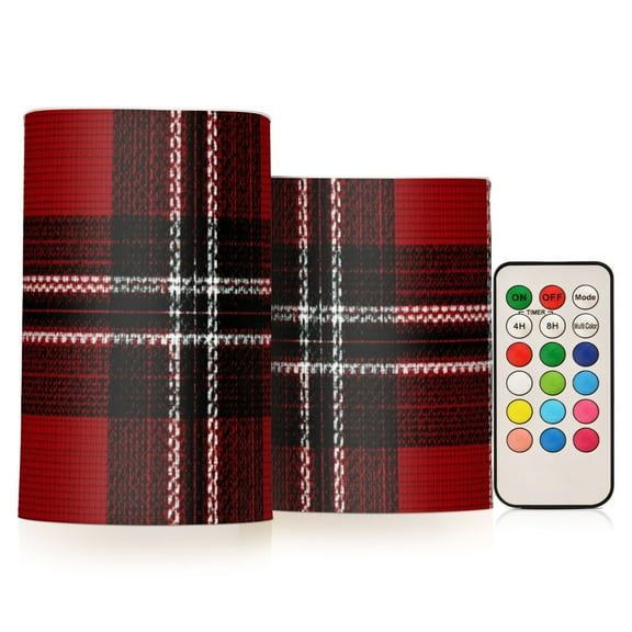 Red Black Tartan Plaids Fabric Texture Flickering Flameless Candles LED Tealight Battery Operated with Remote Set of 2 Holiday Decor Ornaments