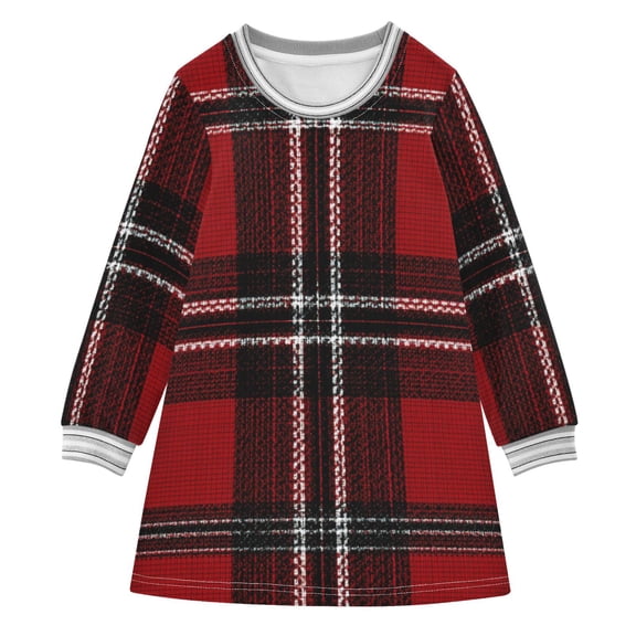 Red Black Tartan Plaids Fabric Texture Long-sleeved Dress A-line One-Piece Dress for 2-8 Years Casual Party 3T