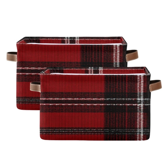Red Black Tartan Plaids Fabric Texture Square Storage Bins with Handles Collapsible Containing Box 2 Packs