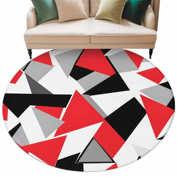 Red Black Triangle Round Area Rug 8ft Color Block Stitching Non-Slip Washable Circle Rugs Soft Felt Indoor Floor Mat for Bedroom Kitchen Living Room Bathroom