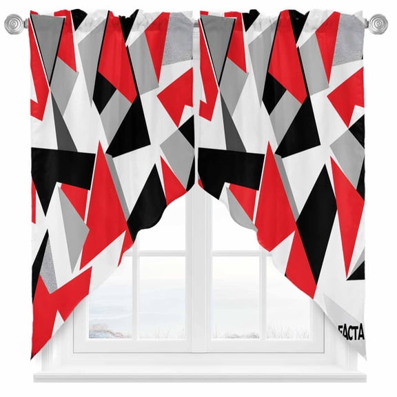 Red Black Triangle Swag Curtain Valance for Windows, Color Block Stitching Window Treatments Short Swag Topper for Kitchen Windows Bathroom Bedroom, 36"x63"