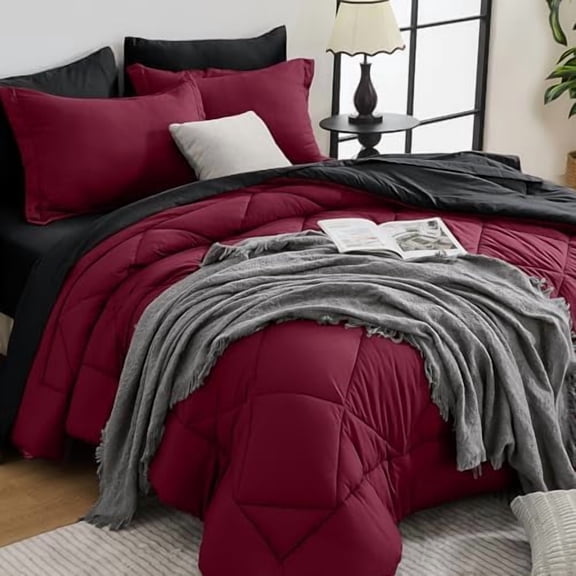 Red & Black Twin Comforter Set - 5-Piece All Season Bed in a Bag Twin, Ultra Soft Burgundy Bedding Set with Comforter, Flat Sheet, Fitted Sheet, Pillowcases, Pillow Shams, Burgundy Red & Black