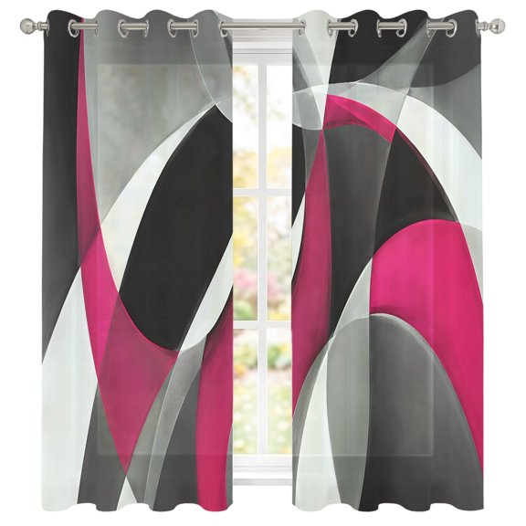 Red Black Waves Sheer Curtains 39 Inch Long 2 Panels, Modern Minimalist Geometric Arched Curved Ribbons Light Filtering Semi Sheer Drapes Grommet Voile Window Curtain for Living Bedroom W27.9 x L39