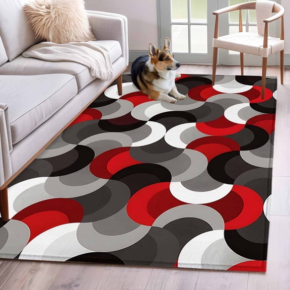 Red Black Wavy Area Rugs 4x6 ft Medieval Abstract White Grey Red Black Texture Washable Rug Non Slip Indoor Carpet Absorbent Floor Mat for Living Room Bedroom Dining Room