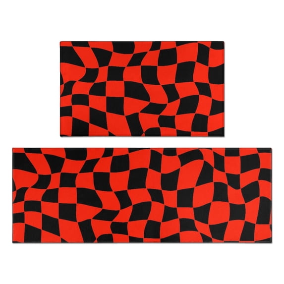 Red and Black Wavy Checkered Pattern Anti Fatigue Kitchen Rugs Set Of 2, Non Slip Washable Decorative Floor Mats for Kitchen Sink Laundry, 17"x30" and 17"x47"