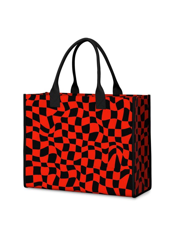 Red and Black Wavy Checkered Pattern Beach Tote Bag, Gym Weekend Bag with Inner Pocket & Removable Bottom, Waterproof Twill Gifts for Birthday Christmas Thanksgiving