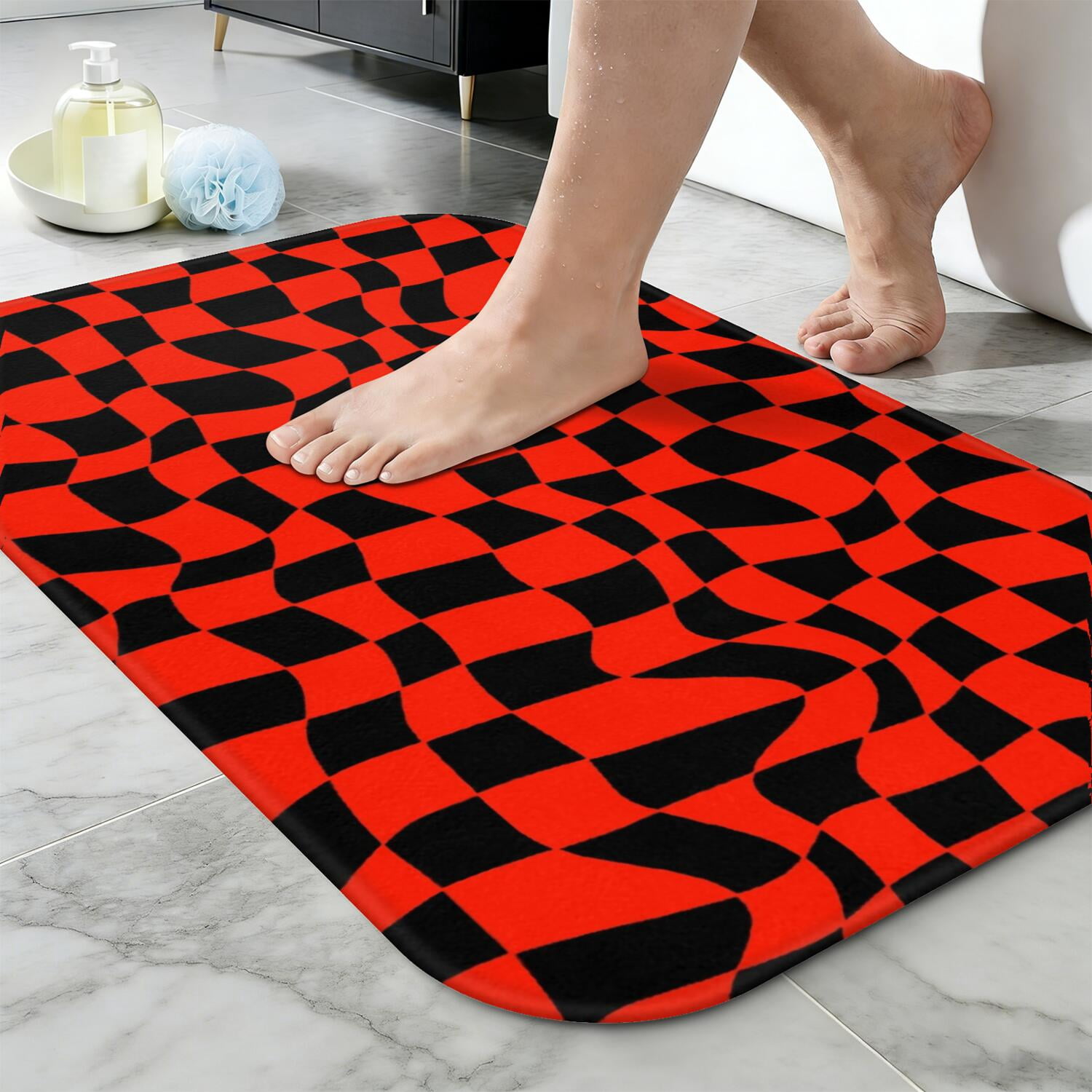 Red and Black Wavy Checkered Pattern Non-Slip Bath Mat, Entryway Door ...