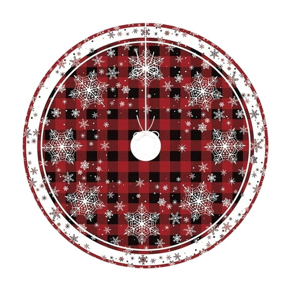 Red Black White Buffalo Check Christmas Tree Skirt 47 Inch - Soft Plush Snowflake Xmas Tree Mat for Holiday Decor, Festive Party Supplies and Seasonal Celebration Ornaments