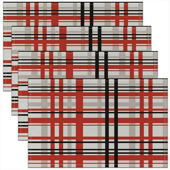 Red Black White Buffalo Check Linen Placemat for Kitchen Dining Table Decor Indoor Outdoor,Geometric Placemats Set of 4 Geometry Table Place Mats, Stripe Line 18"x12"