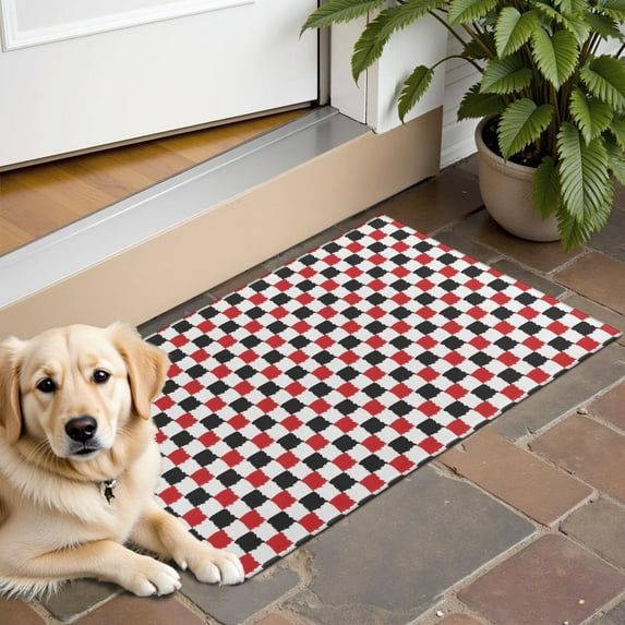 Red Black White Checkered Pattern Door Rugs,Washable Non Slip Door Mats Indoor,Decorative Door Mats,Entry Mat Indoor for Entrance,Bedroom,Kitchen,Bathroom,16"x24"