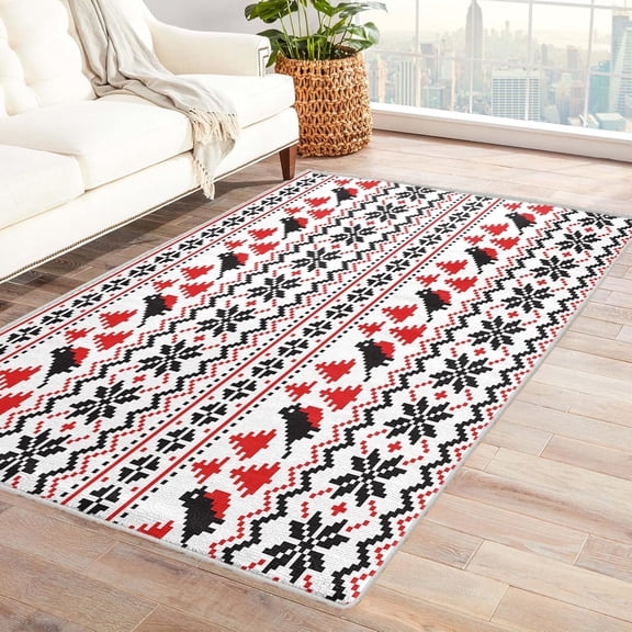 Red Black White Christmas Rug, Washable Snowflake Tree Bird Rugs For Living Room Bedroom, Xmas Ethnic Moroccan Holiday Area Rug For Home Decor, Non Slip Backing Floor Carpet 3x4ft